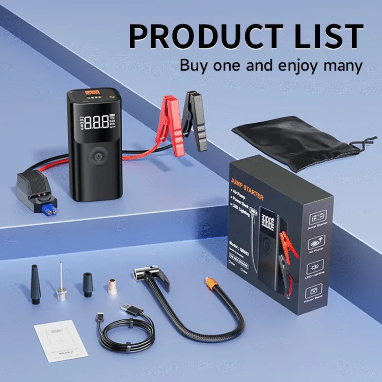 Jump Starter 4-în-1 12V cu Compresor Aer 150 PSI – Baterie 6000-10000 mAh, LED, Power Bank, Starter Auto Rapid